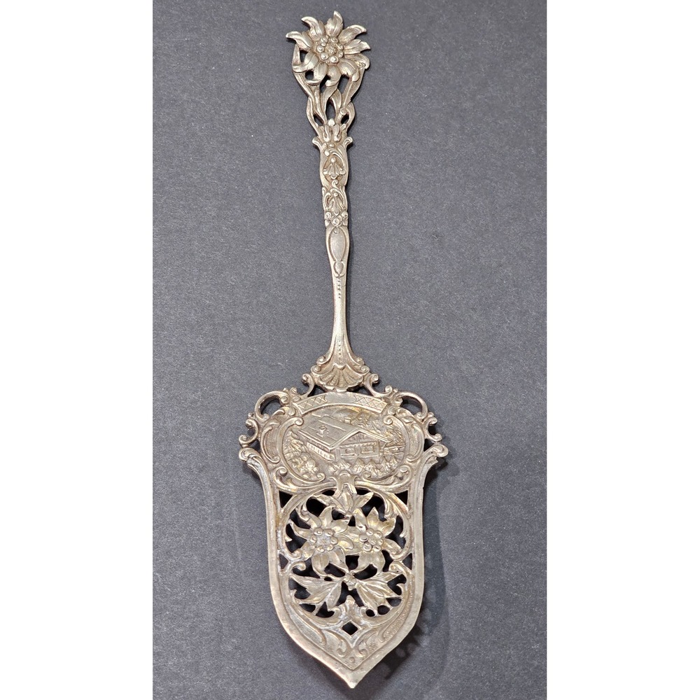 Antique Signed German 800 Silver Cake Server Edelweiss Alpine Chalet Repousse